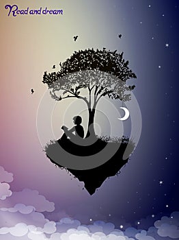 Read and dream concept, piece of childhood on the fairy sky, boy silhouette read the book under the tree and dream,