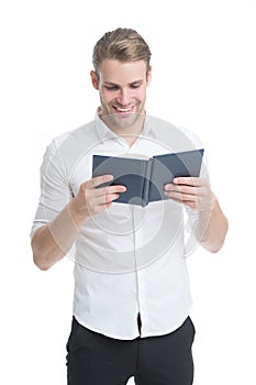 Read good book. Happy guy read book isolated on white. Handsome man read avidly. Student of language and literature