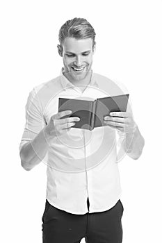 Read good book. Happy guy read book isolated on white. Handsome man read avidly. Student of language and literature