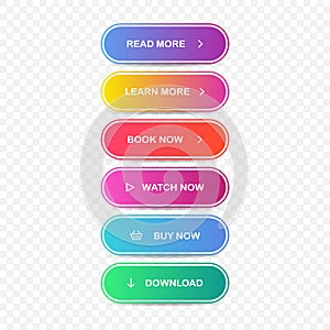 Read, Learn more, Book, Watch, Buy now, Download. Set of modern multicolored buttons. Vector EPS 10