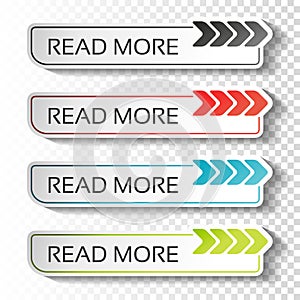 Read more buttons with arrow pointer. Black, blue, red and green labels. Stickers with shadow on transparent background for busine photo