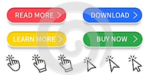 Read more, download and buy now modern buttons set for web site. Hand pointer and arrow clicking set. Vector