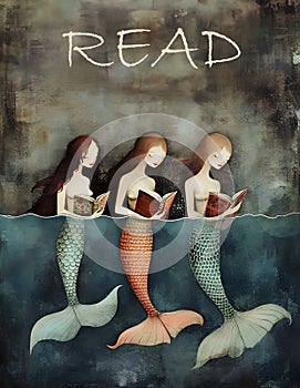 READ poster with 3 mermaids reading books