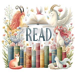 READ poster with pets and mythical creatures and a spring theme