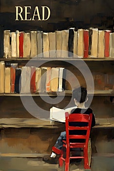READ poster with a young boy reading a book in a library
