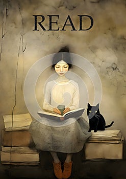 READ poster with a young woman reading a book