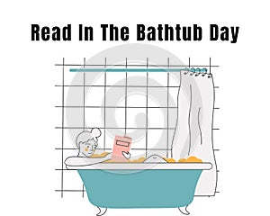 Read in thee bathtub day. Women reading a book in bathtub. Bathtub and bathroom women taking bath flat design illustration