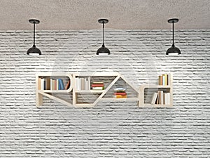 Read word bookcase on brick wall with ceiling lamps