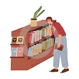 Reader choosing book at bookstore, library. Vector