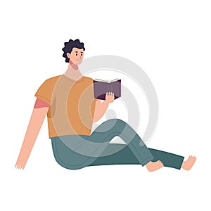 reader man reading book seated character