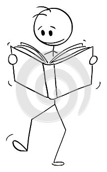 Reader Person Walking and Reading Book , Vector Cartoon Stick Figure Illustration