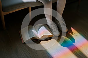 reader sitting, rainbow shadow over open book