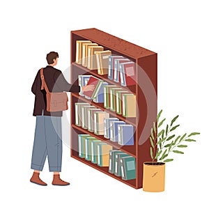 Reader taking book from bookcase. Vector bookstore