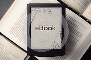 Readers. Digital e book, library reader tablet with books on dark background. Ebook, e learning electronic internet