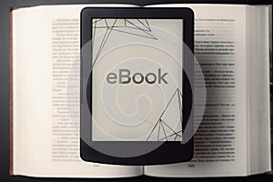 Readers. Digital e book, library reader tablet with books on dark background. Ebook, e learning electronic internet