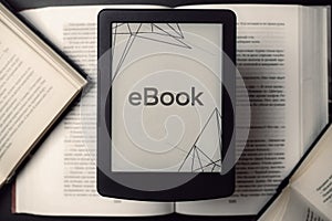 Readers. Digital e book, library reader tablet with books on dark background. Ebook, e learning electronic internet