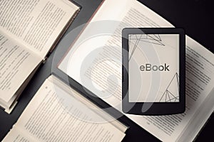 Readers. Digital e book, library reader tablet with books on dark background. Ebook, e learning electronic internet