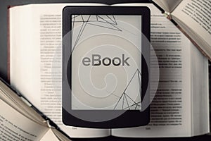 Readers. Digital e book, library reader tablet with books on dark background. Ebook, e learning electronic internet