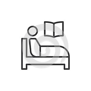 Reading book in bed line icon, outline vector sign, linear style pictogram isolated on white.