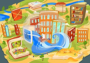 Reading book concept, fantasy world imagination, city build of books like houses, vector illustration photo