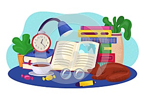 Reading book concept vector illustration. Pile of books, lamp, glasse sand sleeping cat on table at home. Studying and