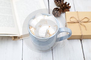 reading a book with a cup of hot chocolate and marshmallows. cozy