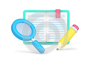 Reading book with magnifying glass and pencil for excretion important information 3d icon isometric
