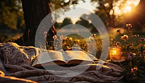 Reading book in nature, sunset, relaxation, grass, summer, education generated by AI