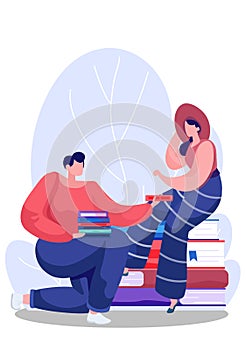 Reading books is a fun activity, bookstore, man and woman in library concept vector illustration