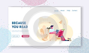 Reading Books Hobby Website Landing Page. Young Man Reader Sitting on Cozy Armchair at Home Read Interesting Book