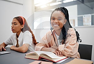 Reading, books and student portrait in university classroom for language learning, education or knowledge. Black woman