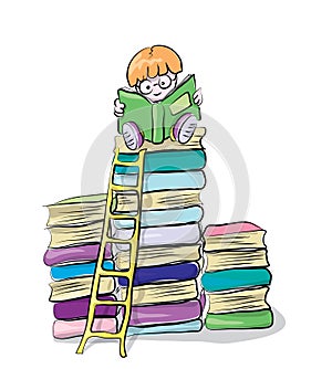Reading boy on books, vector clip-art, concept of knowledge and education for children