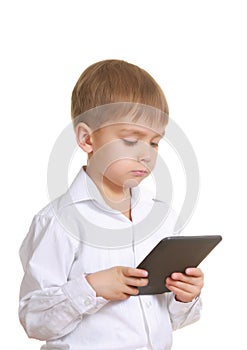 Reading boy with electronic book. Isolated