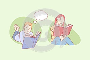 Reading children, literature, study, thought bubble set concept