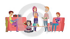 Reading club. Book readers, students or library visitors. Teenagers with books vector illustration