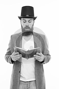 Reading dramatic scenario. Bearded man read book isolated on white. Poetry reading. Inspirational book. Literature
