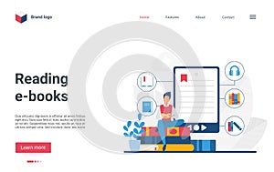 Reading e-books landing page, student using bookreader or smartphone library app