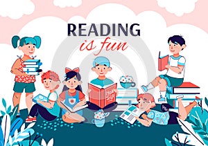 Reading is fun banner with children reading books in summer park.