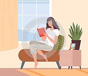 Reading girl. Young woman read book in room, morning education or relax. Summer time, vacation or week end vector