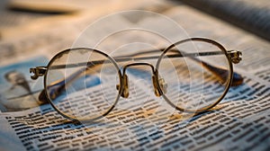 reading glasses and a ballpoint pen lie on a newspaper