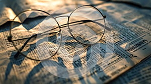 reading glasses and a ballpoint pen lie on a newspaper