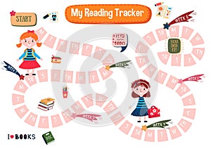 Reading habit tracker for children. School Agenda about books. Printable Timetable for read. Cute girls on planner for