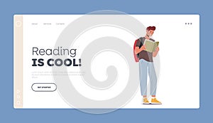 Reading Hobby Landing Page Template. Young Man Student Character Reading Book. College Or University Education