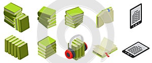 Reading isometric set of isolated book icons with rows stacks and e-book with audio books vector