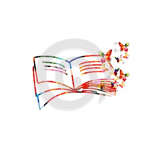 Reading, knowledge, education concept. Colorful inspirational open book with butterflies isolated. Design for library, literature,