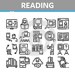 Reading Library Book Collection Icons Set Vector