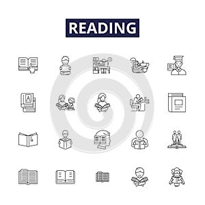 Reading line vector icons and signs. Books, Literature, Novels, Texts, Comprehension, Stories, Magazines, Study outline