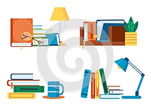 Reading literature, flat book stacks and piles for study. Table with textbooks and lamp, glasses or cup. Shelf book for