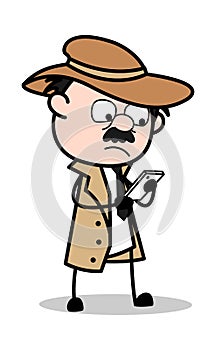 Reading Message - Retro Cartoon Police Agent Detective Vector Illustration