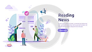 reading newspapers and online news article media on smartphone concept with people character. flat illustration template for web